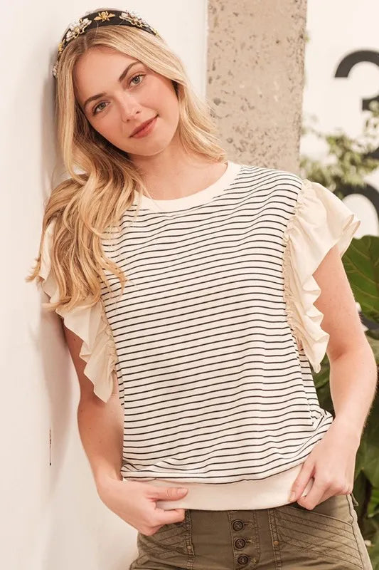 Lime 'N' Chili Striped Contrast Ruffle Detail Sleeveless Top IVORY