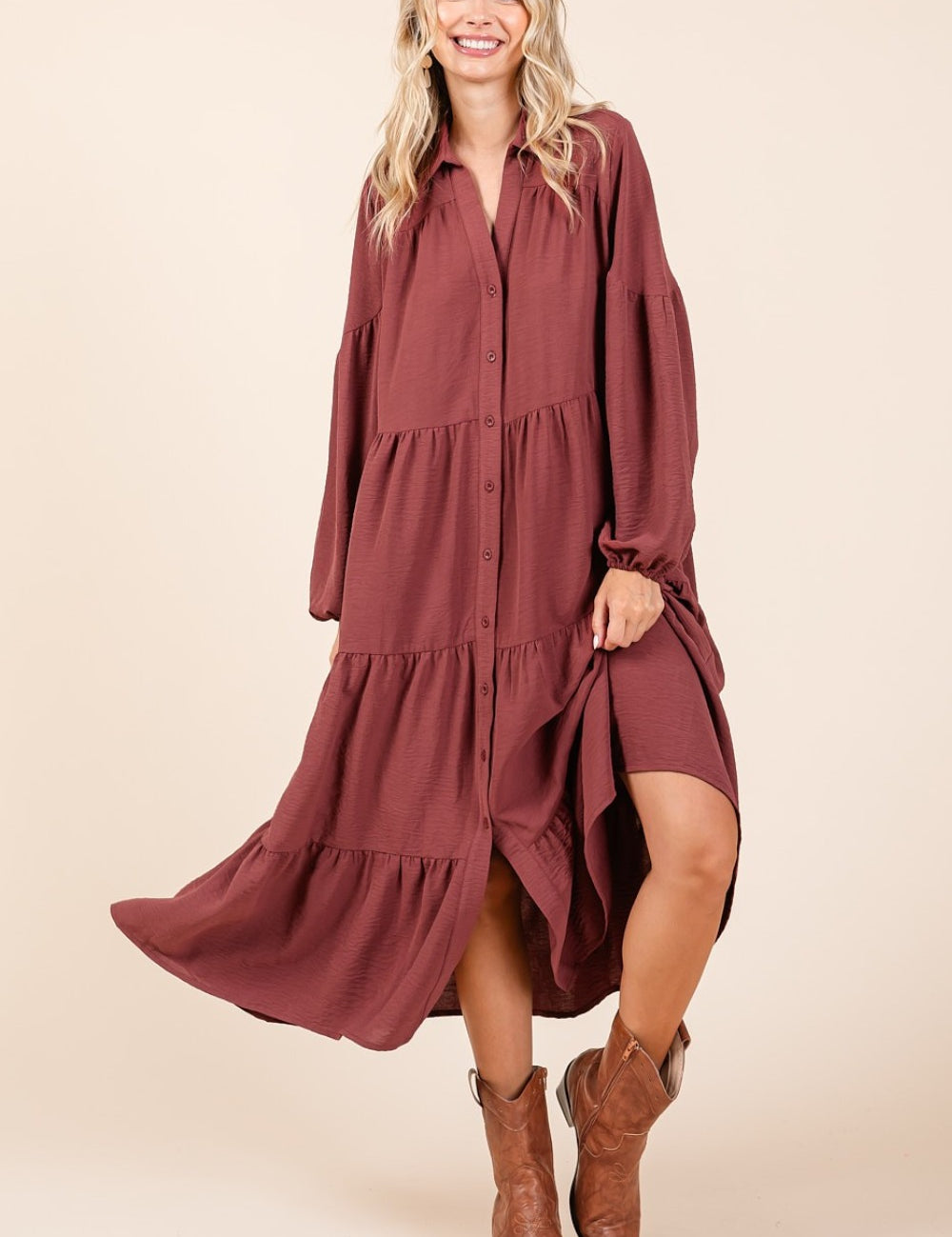 Mittoshop Tiered Button Down Long Sleeve Midi Dress Sienna