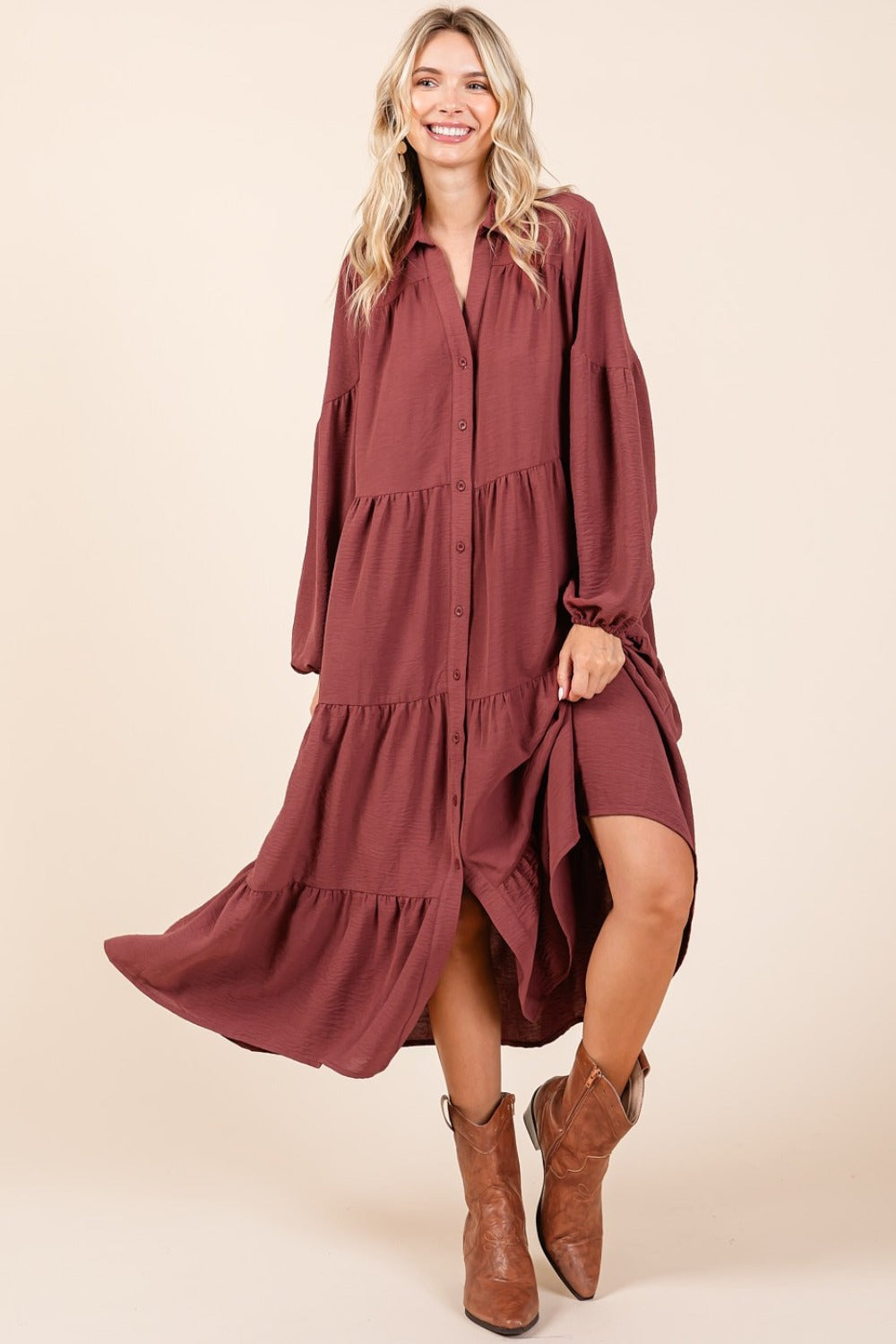 Mittoshop Tiered Button Down Long Sleeve Midi Dress Sienna