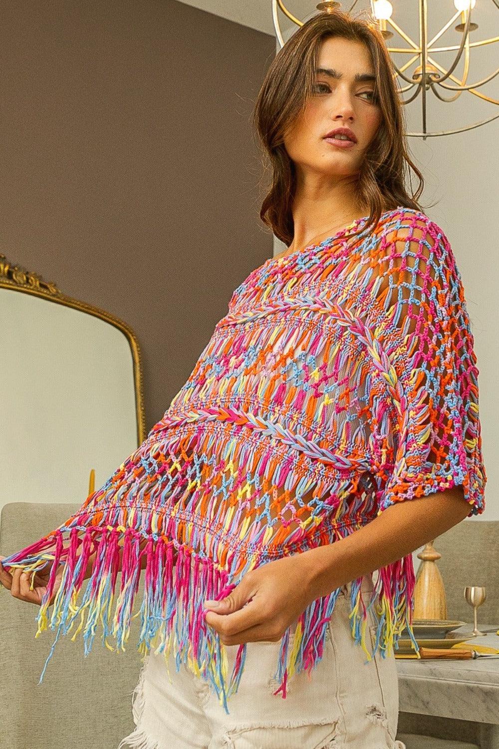 Burnt Orange Multi BiBi Openwork Fringed Knit Cover Up | Cover-Ups Daverri Fashions