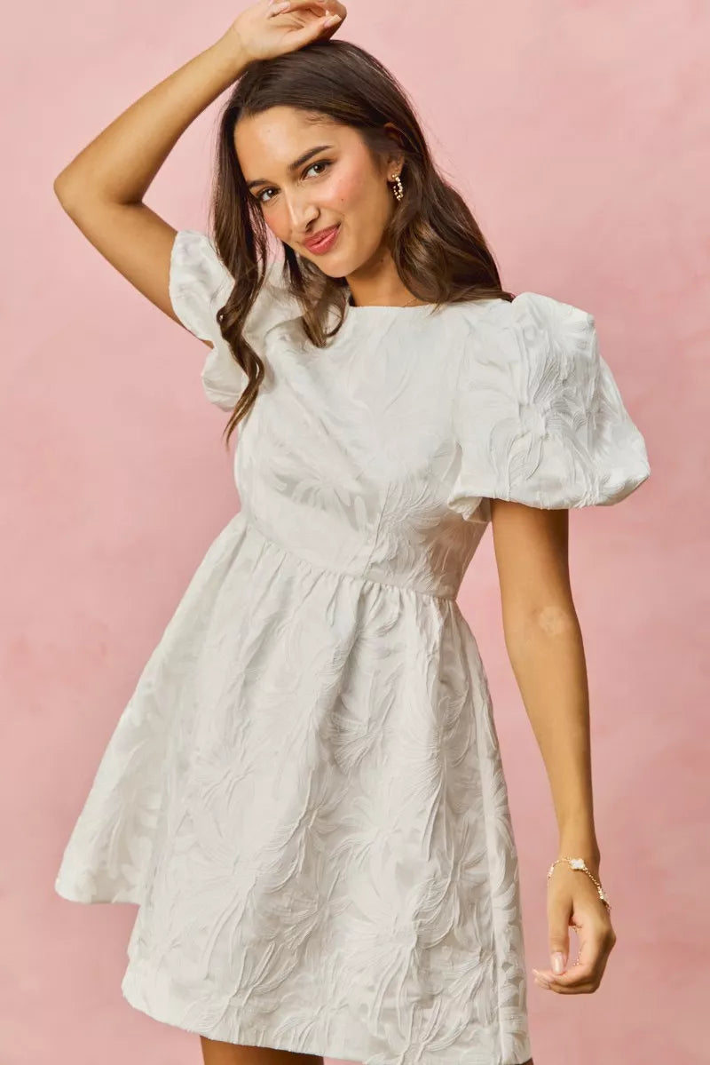 White textured puff-sleeve mini dress in SO ME floral jacquard