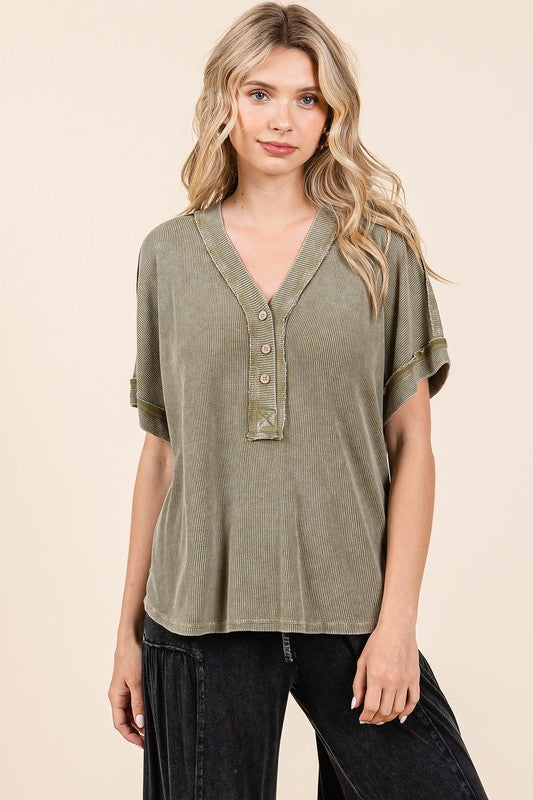 Mittoshop Mineral Wash Henley Short Sleeve Waffle Knit Top