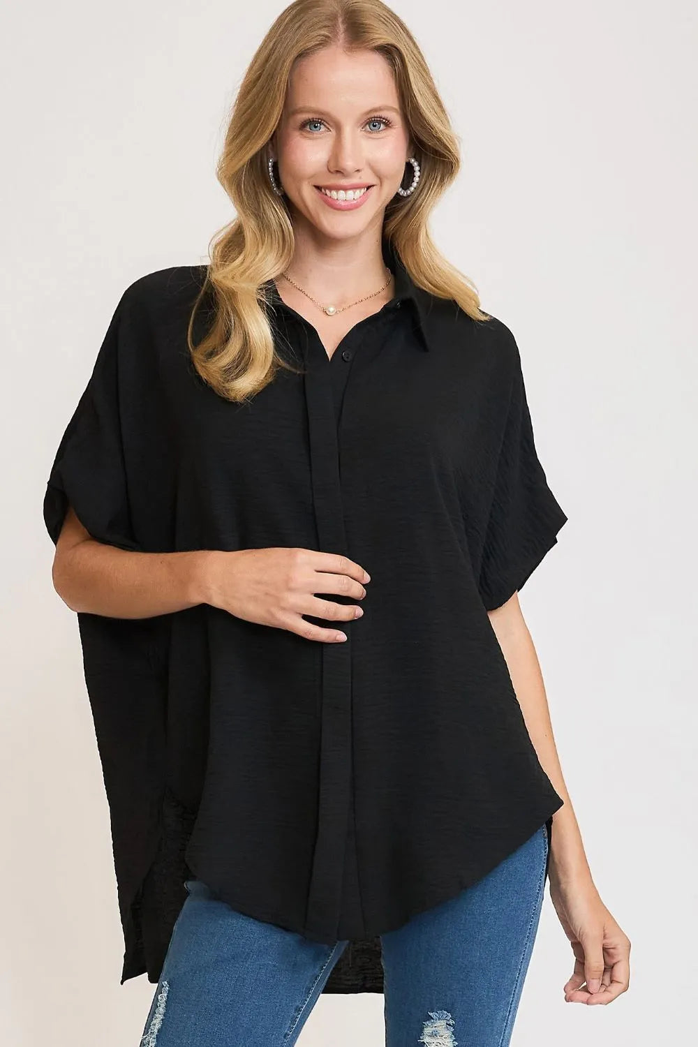 Umgee Full Size High-Low Button Up Short Sleeve Shirt Black