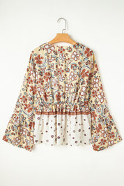 Yellow Printed Floral Bell Sleeve V Neck Wrapped Contrast Peplum Blouse