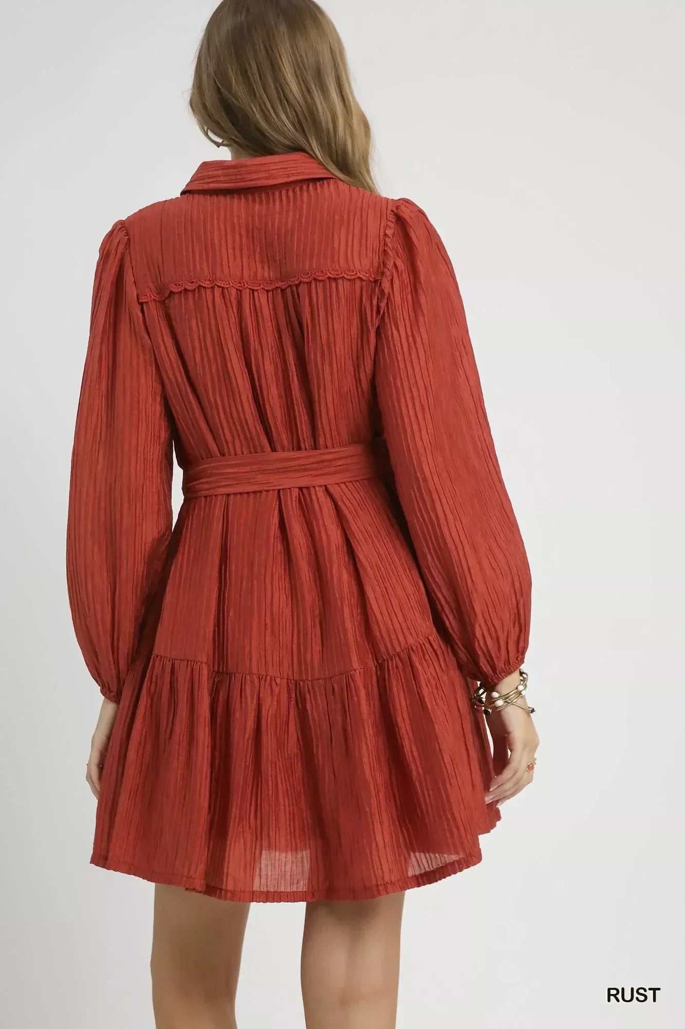 Umgee Crinkle Button-Front Tiered Mini Dress with Waist Tie - DAVERRI FASHIONS