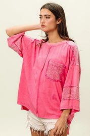 BiBi High-Low Washed T-Shirt in neon pink oversized patchwork with pocket