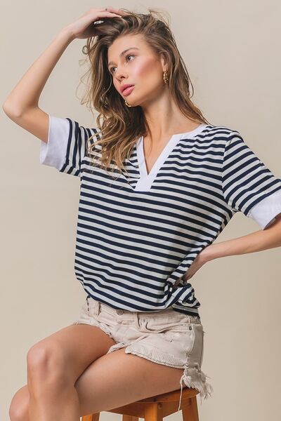 BiBi Contrast Striped Notched Knit Top Tops