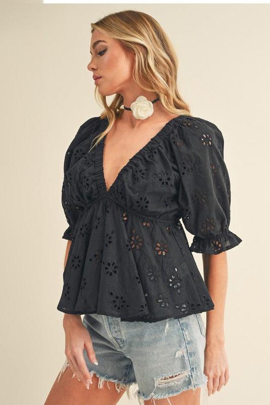 Aemi + Co Eyelet Embroidered V-Neck Half Sleeve Peplum Blouse Blouses
