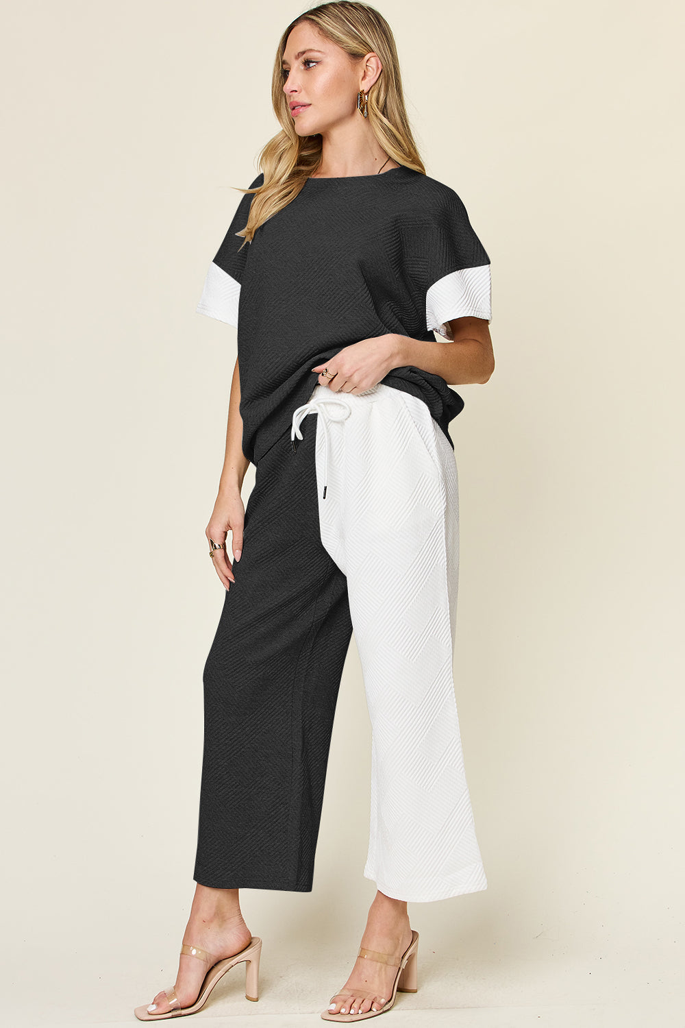 Double Take Full Size Texture Contrast T-Shirt and Wide Leg Pants Set Pants