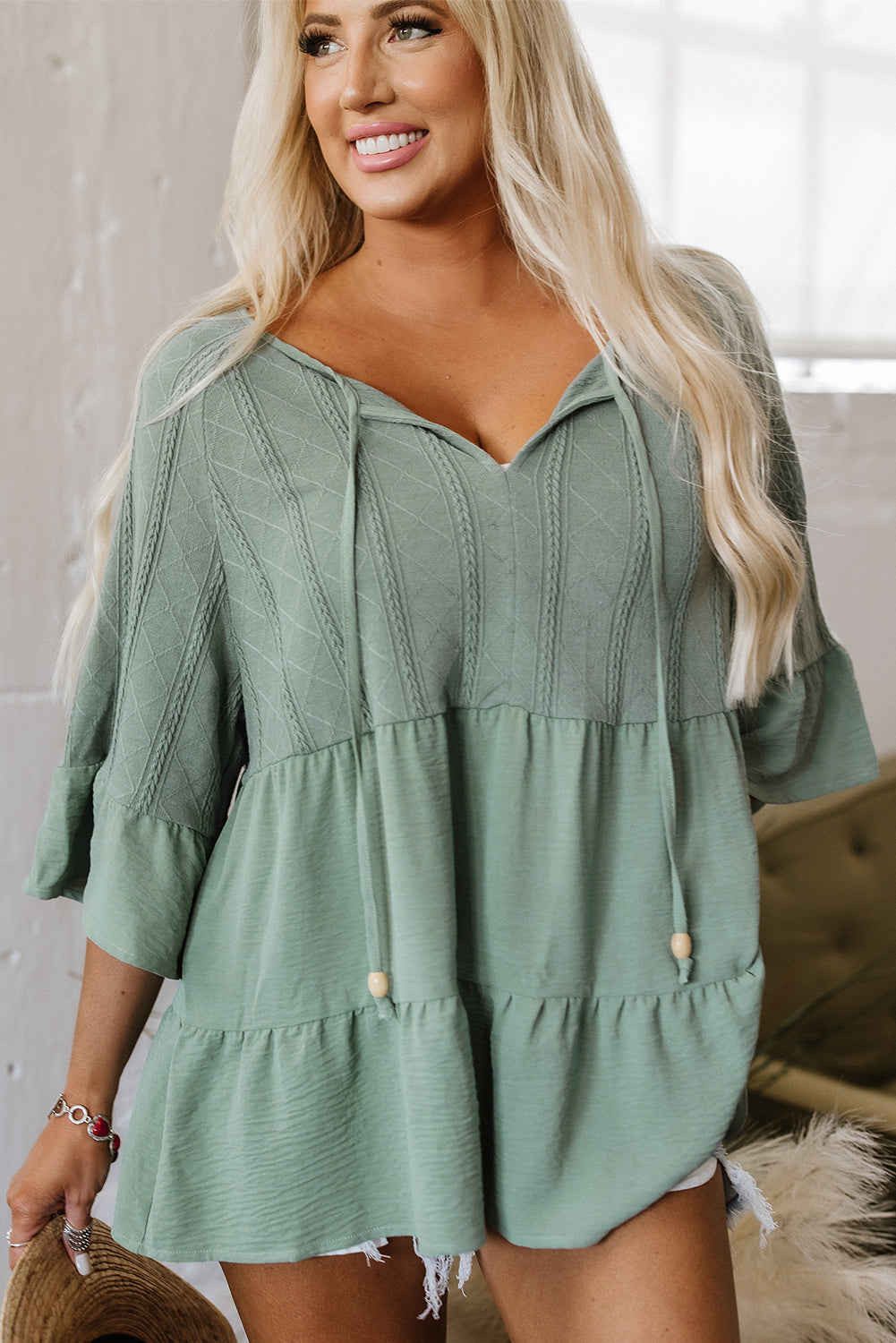 Laurel Green tie split neck textured ruffle patchwork blouse in sage green