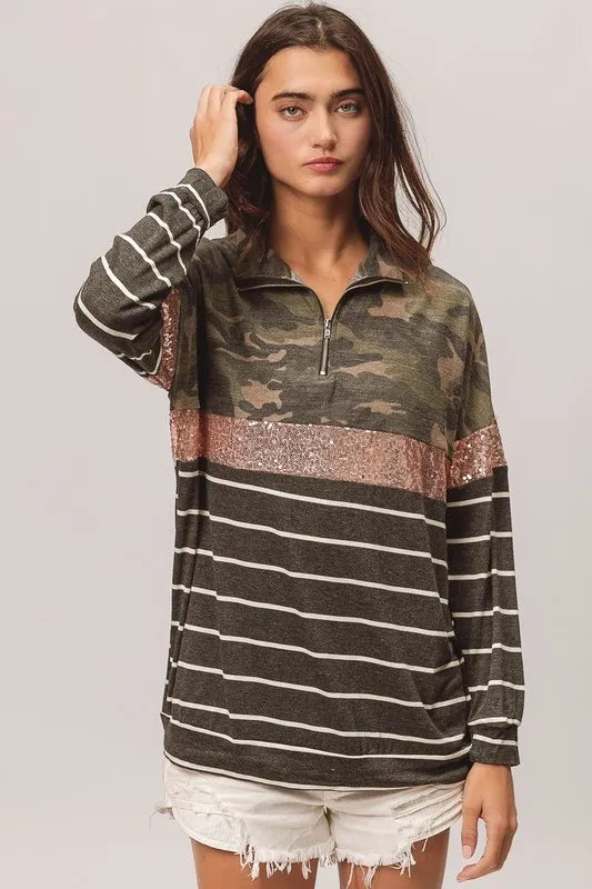 BiBi Camouflage French Terry Knit Top PINK SEQUIN
