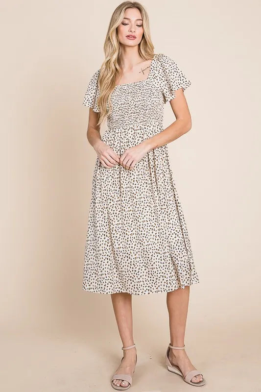Lime 'N' Chili Ditsy Leopard Print Square Neck Smocked Midi Dress
