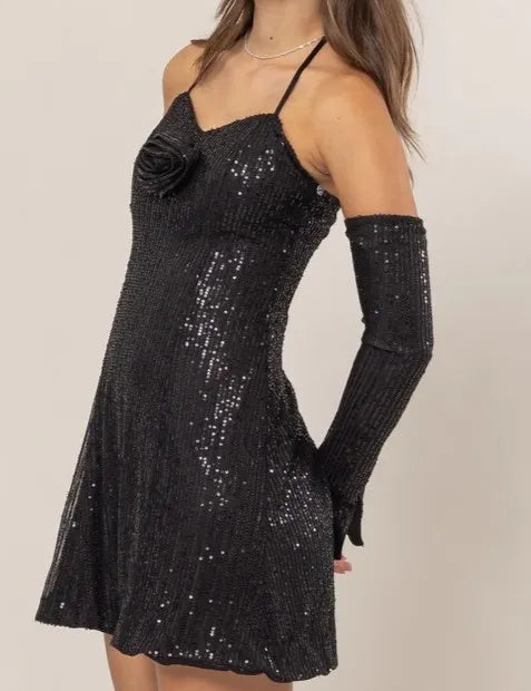 BLACK HYFVE Sequin Rosette Halter Mini Dress | Outfit Sets Daverri Fashions