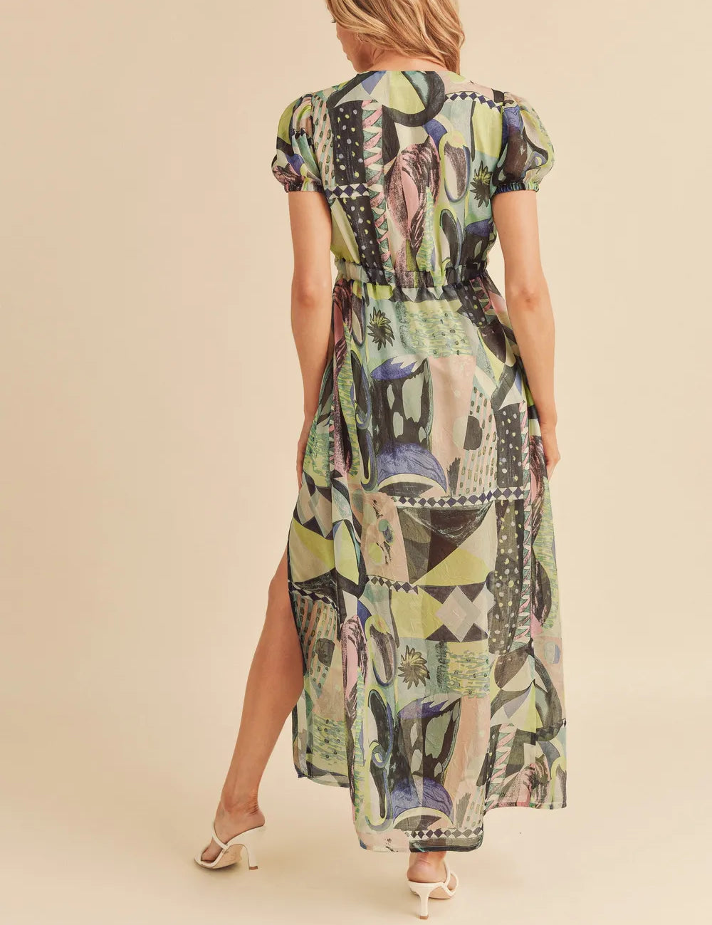Aemi + Co Lace Detail Slit Geometric Print Short Sleeve Maxi Dress | Daverri Fashions