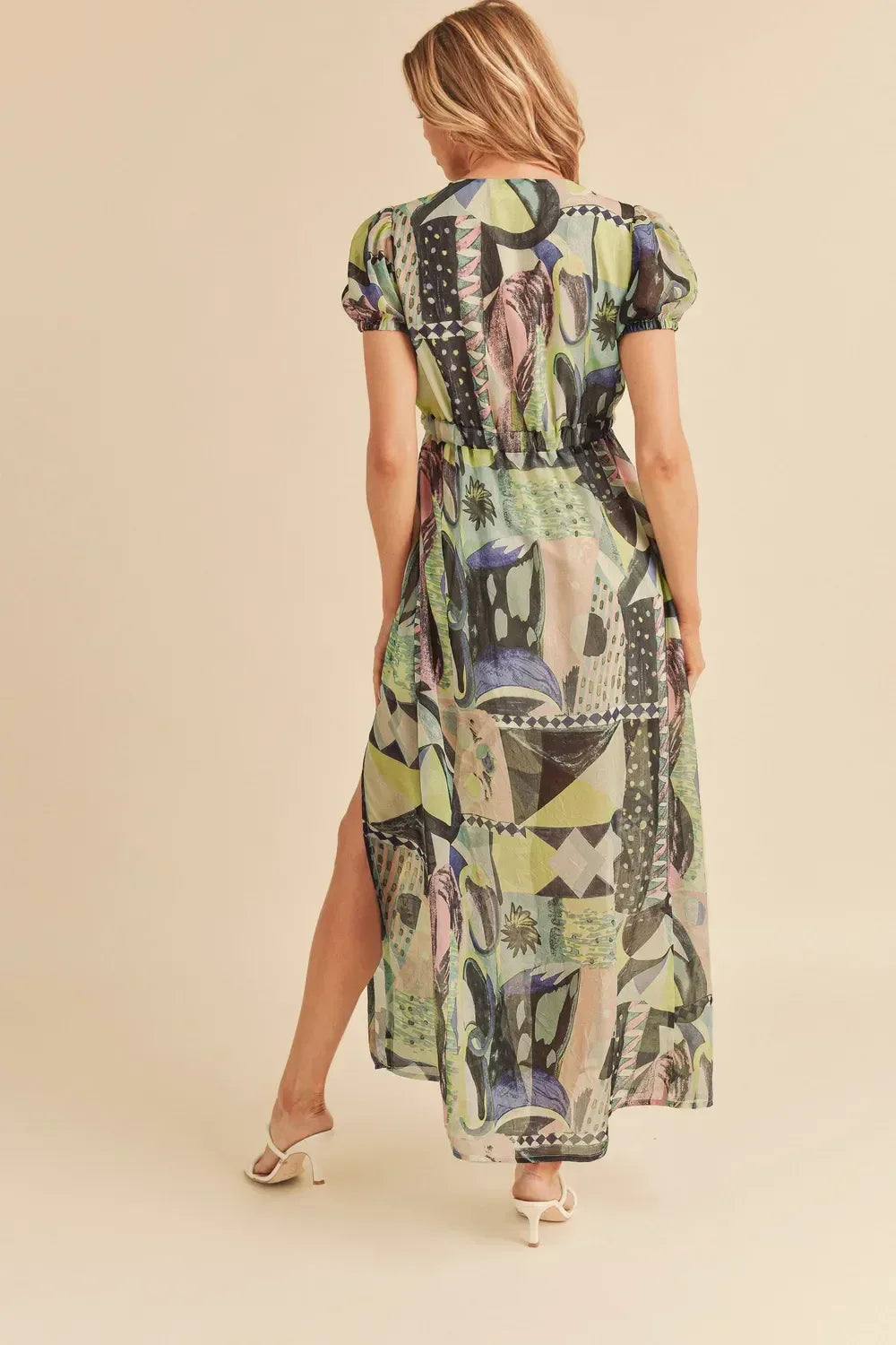 Aemi + Co Lace Detail Slit Geometric Print Short Sleeve Maxi Dress - DAVERRI FASHIONS