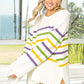 BiBi Ribbed Hem Mardi Gras Stripe cozy white knit sweater dress