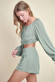 MABLE Gauze Long Sleeve Button Crop Top and Short Set | Outfit Sets Daverri Fashions