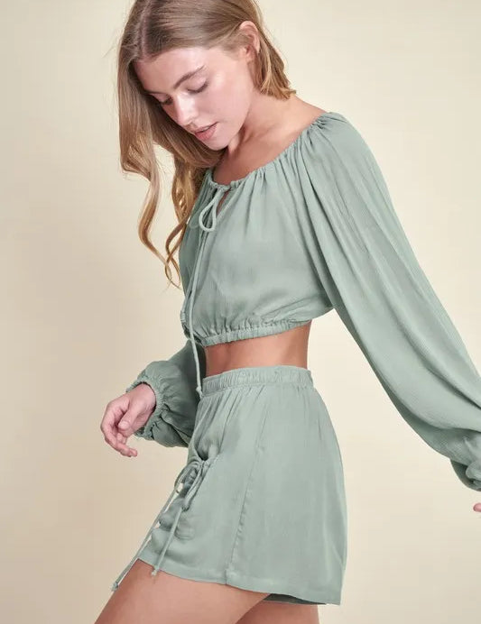 MABLE Gauze Long Sleeve Button Crop Top and Short Set | Outfit Sets Daverri Fashions
