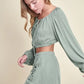 MABLE Gauze Long Sleeve Button Crop Top and Short Set