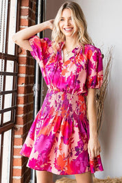 Fuchsia Multi First Love Floral Short Sleeve Smocked Mini Dress | Mini Dresses Daverri Fashions