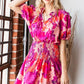 First Love Floral Short Sleeve Smocked Mini Dress Fuchsia Multi Mini Dresses