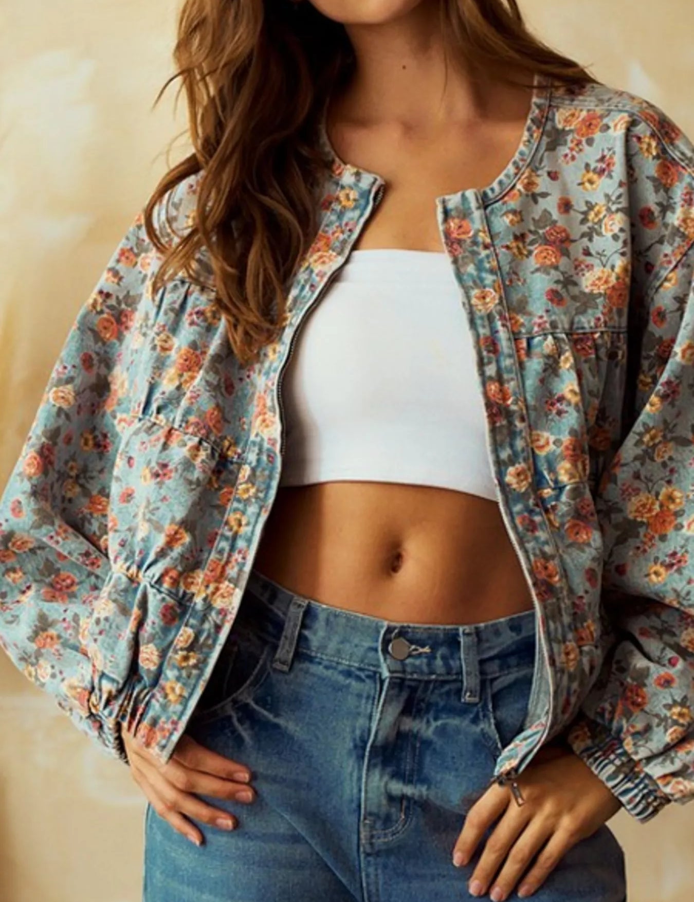 Floral Print Zip Up Cropped Denim Jacket | Denim Jackets Daverri Fashions