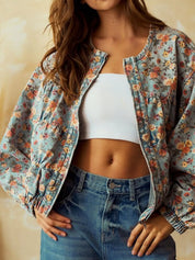 Floral Print Zip Up Cropped Denim Jacket | Denim Jackets Daverri Fashions