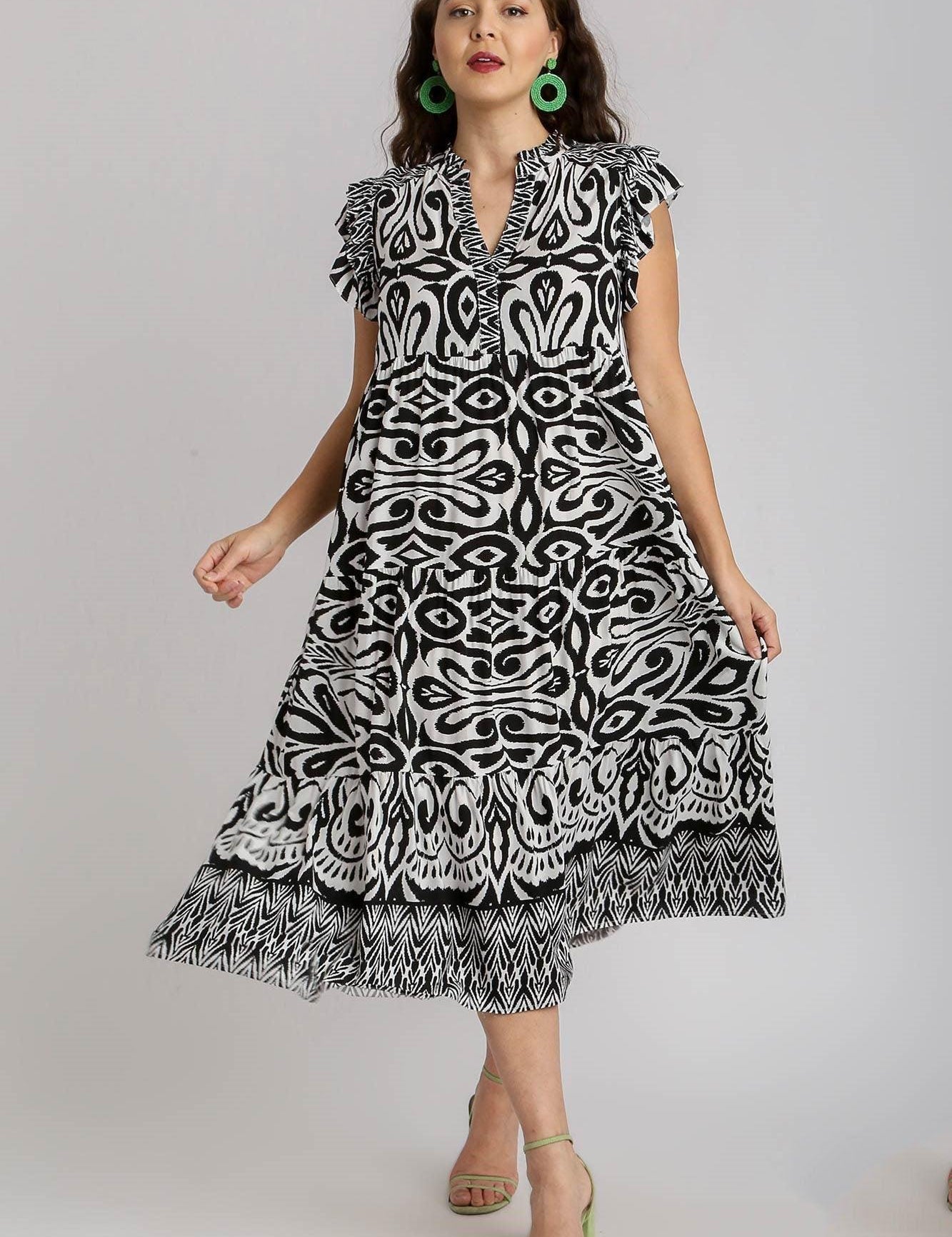 Umgee Two Tone Border Print Ruffle Cap Sleeve Midi Dress | Mid Dresses Daverri Fashions