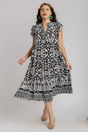 Umgee Two Tone Border Print Ruffle Cap Sleeve Midi Dress | Mid Dresses Daverri Fashions
