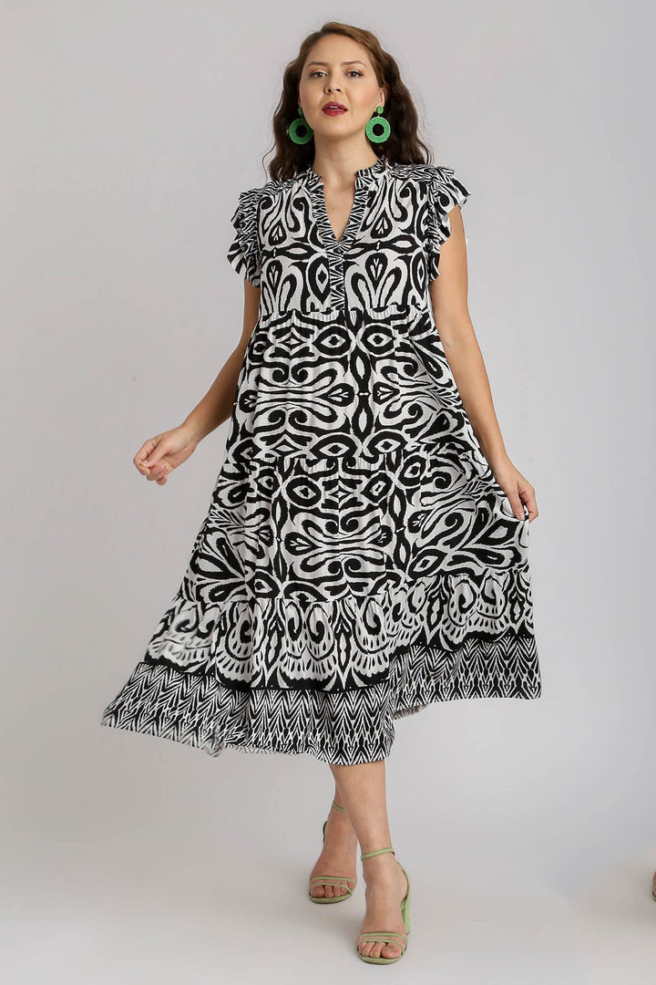 Umgee Two Tone Border Print Ruffle Cap Sleeve Midi Dress Mid Dresses