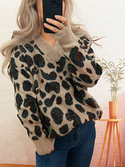 Khaki One Size Leopard V-Neck Drop Shoulder Sweater | Sweaters Daverri Fashions