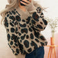 Leopard V-Neck Drop Shoulder Sweater - DAVERRI FASHIONS