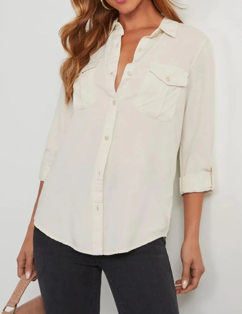 White Collared Neck Roll-Tab Sleeve Denim Top | Shirts Daverri Fashions