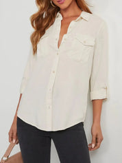 White Collared Neck Roll-Tab Sleeve Denim Top | Shirts Daverri Fashions