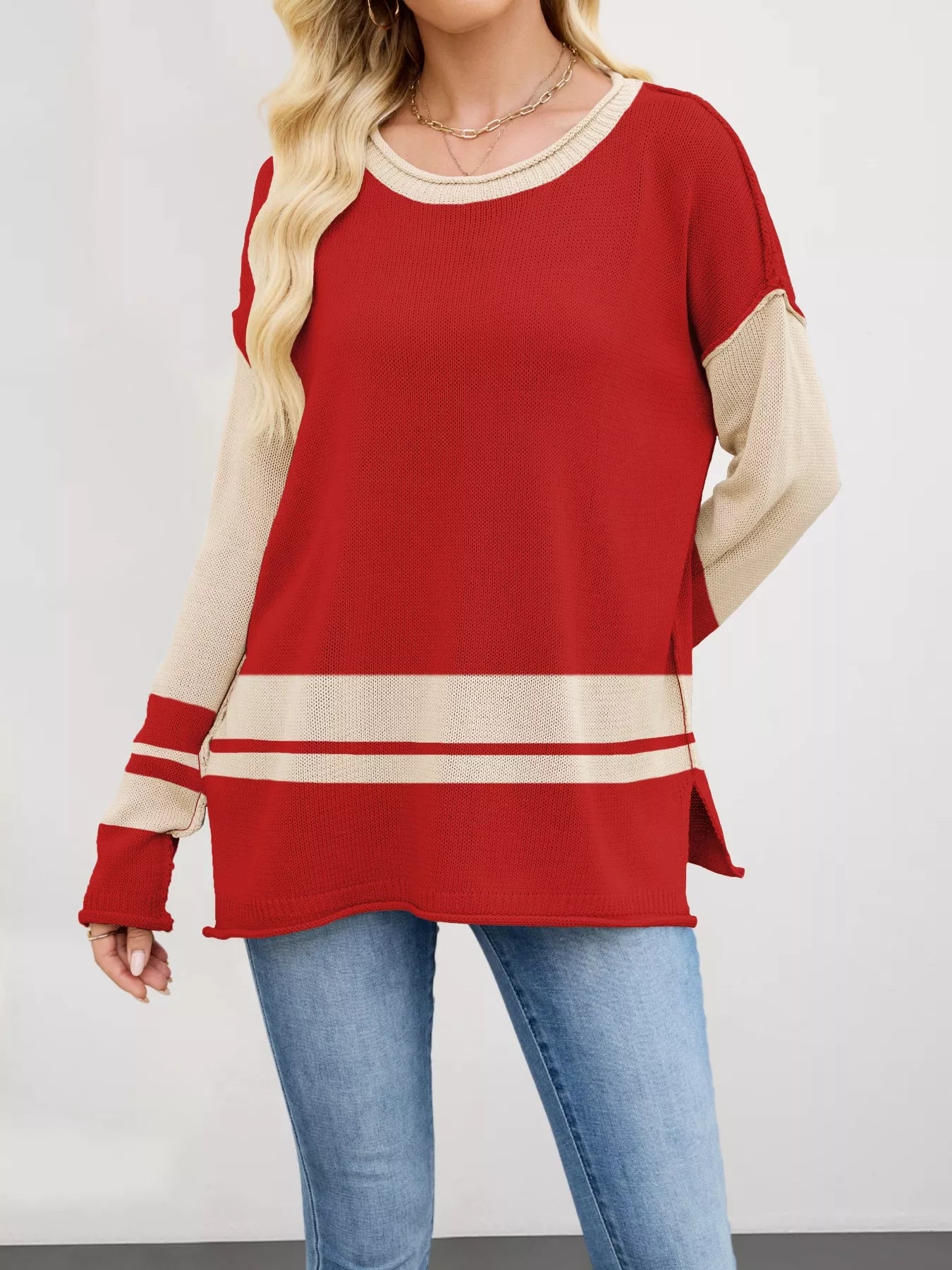 Red and cream color-blocked long-sleeve Color Block Side Slit Sweater with ribbed cuffs