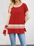 Red and cream color-blocked long-sleeve Color Block Side Slit Sweater with ribbed cuffs