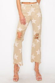 RISEN Full Size High Rise Star Printed Frayed Hem Jeans Khaki Jeans