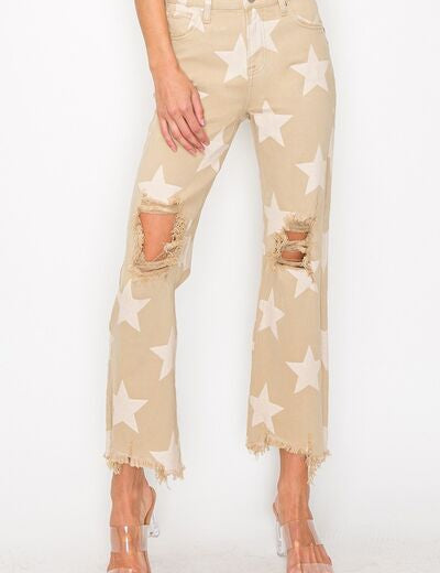 RISEN Full Size High Rise Star Printed Frayed Hem Jeans Khaki Jeans