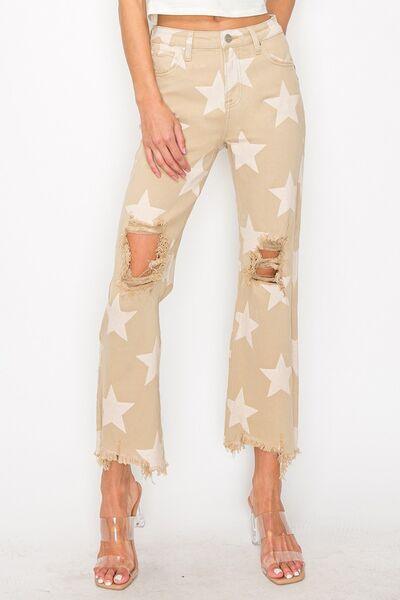 RISEN Full Size High Rise Star Printed Frayed Hem Jeans - DAVERRI FASHIONS