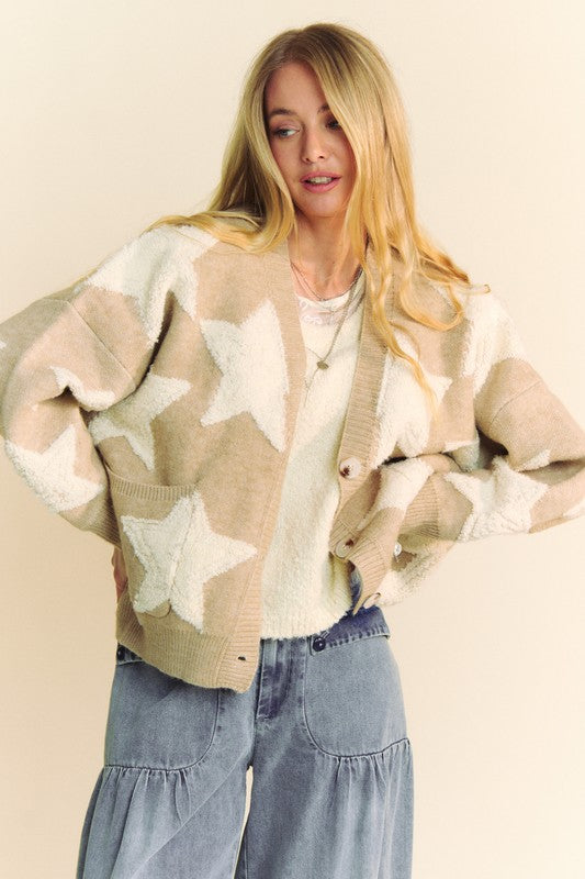 Davi & Dani Fuzzy Star Button Down Cardigan Oatmeal Tops