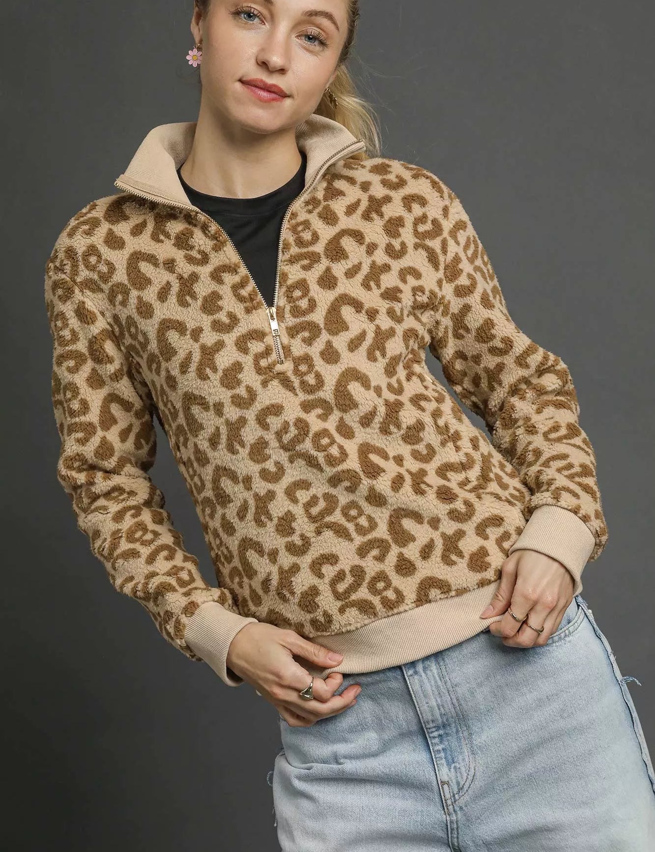 ECRU Umgee Leopard Print Quarter-Zip Sweatshirt | Sweatshirts Daverri Fashions