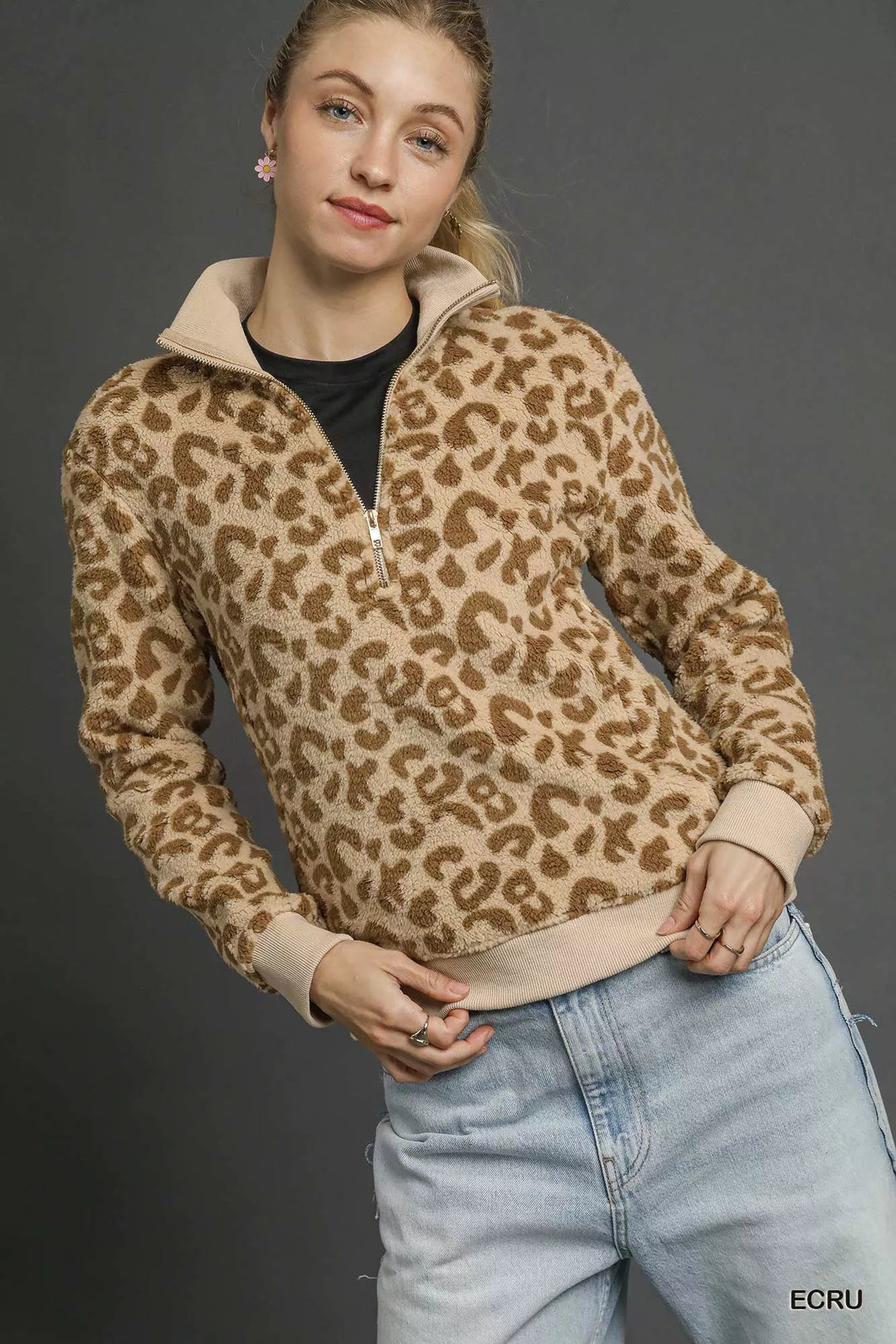 ECRU Umgee Leopard Print Quarter-Zip Sweatshirt | Sweatshirts Daverri Fashions
