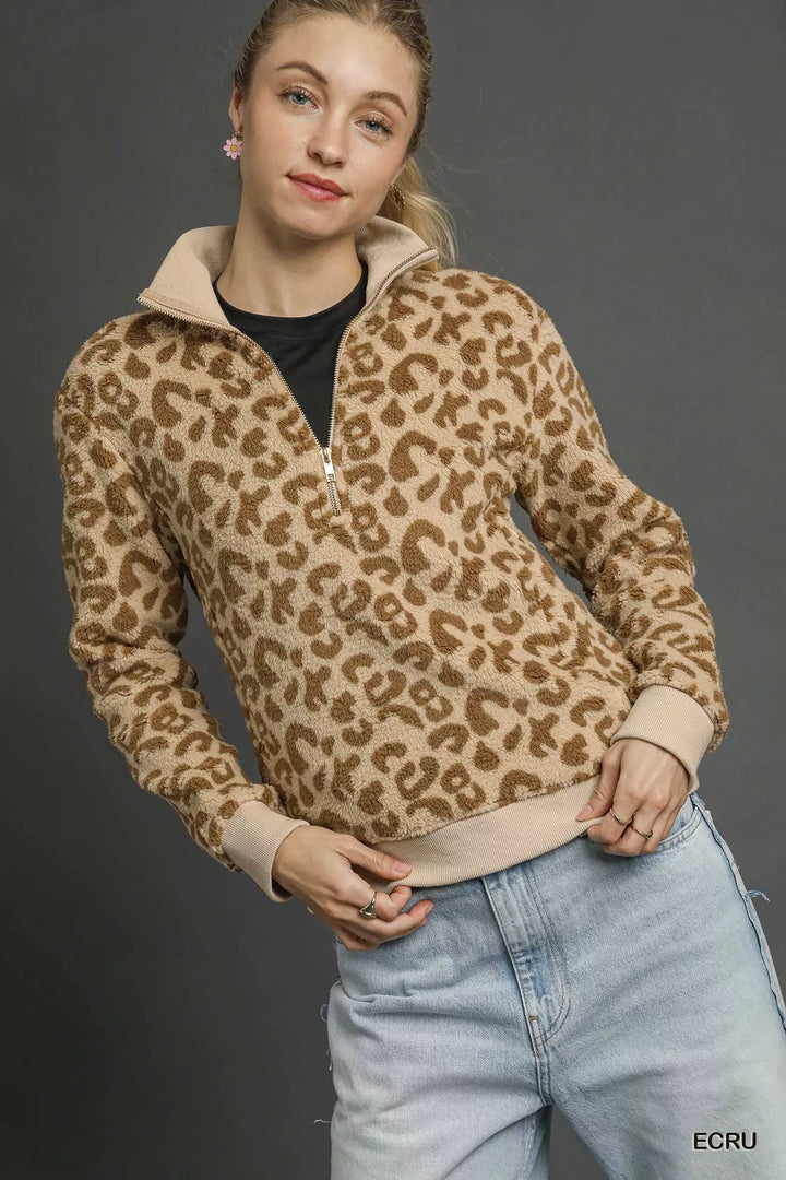 ECRU Umgee Leopard Print Quarter-Zip Sweatshirt | Sweatshirts Daverri Fashions
