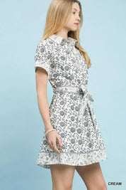 Umgee Border Print Belted Shirt Dress in cream with black floral pattern