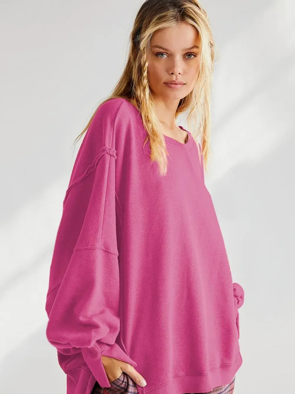 Slit Round Neck Dropped Shoulder Sweatshirt - DAVERRI FASHIONS