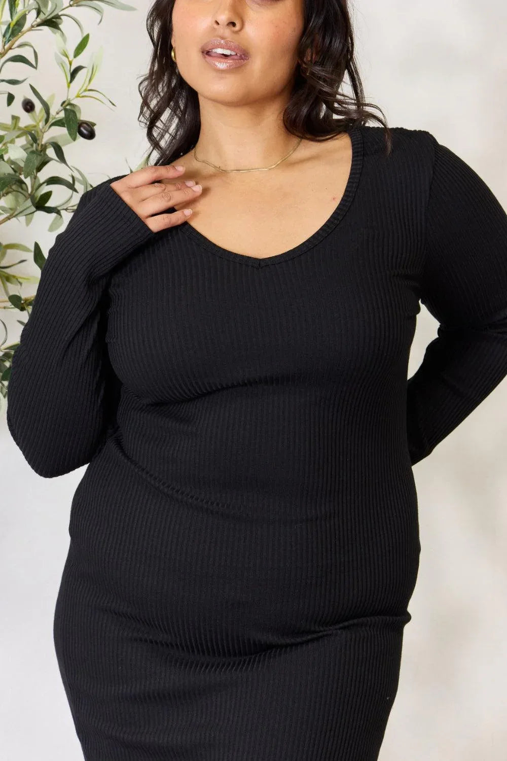 Culture Code Ribbed Long Sleeve Midi Slit Dress - DAVERRI FASHIONS