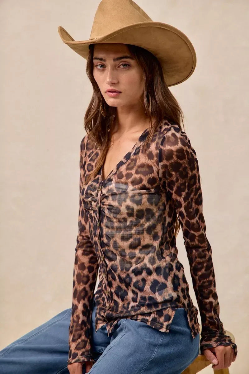 BiBi Leopard Printed Mesh Shirt With Button Up V Neck - DAVERRI FASHIONS