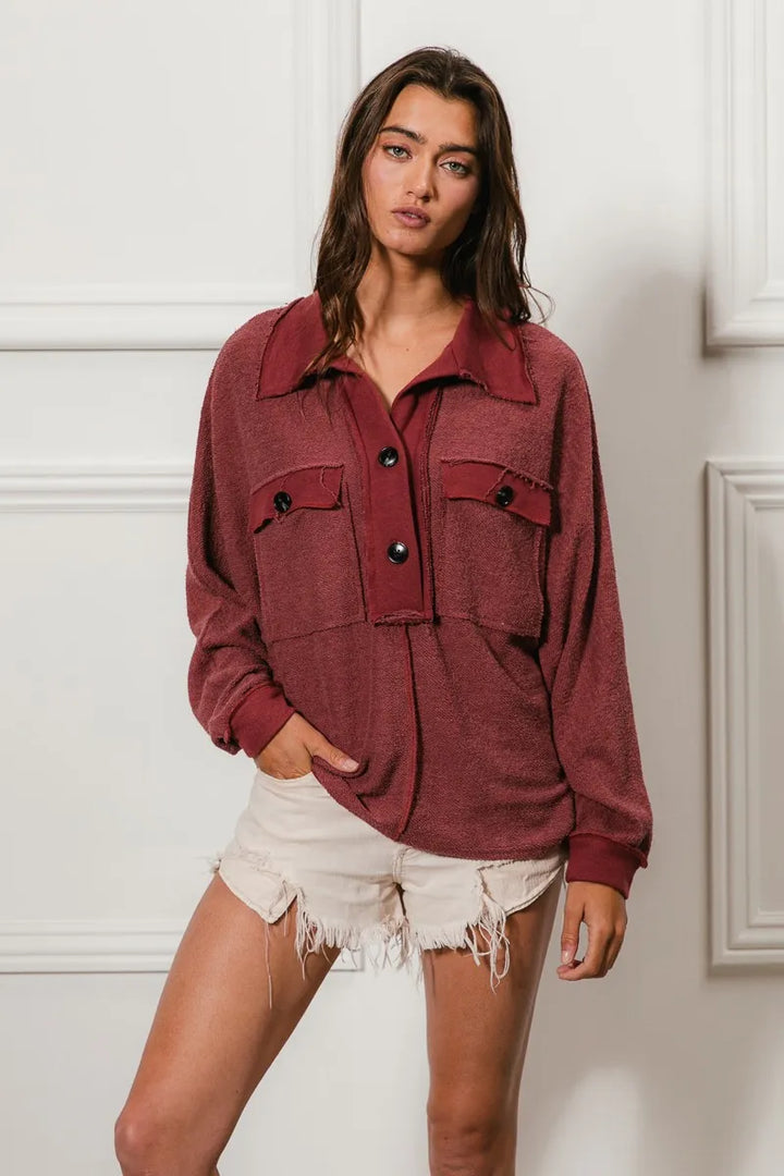 BiBi Cp French Terry Cut Edge Detail Collared Top | Tops Daverri Fashions