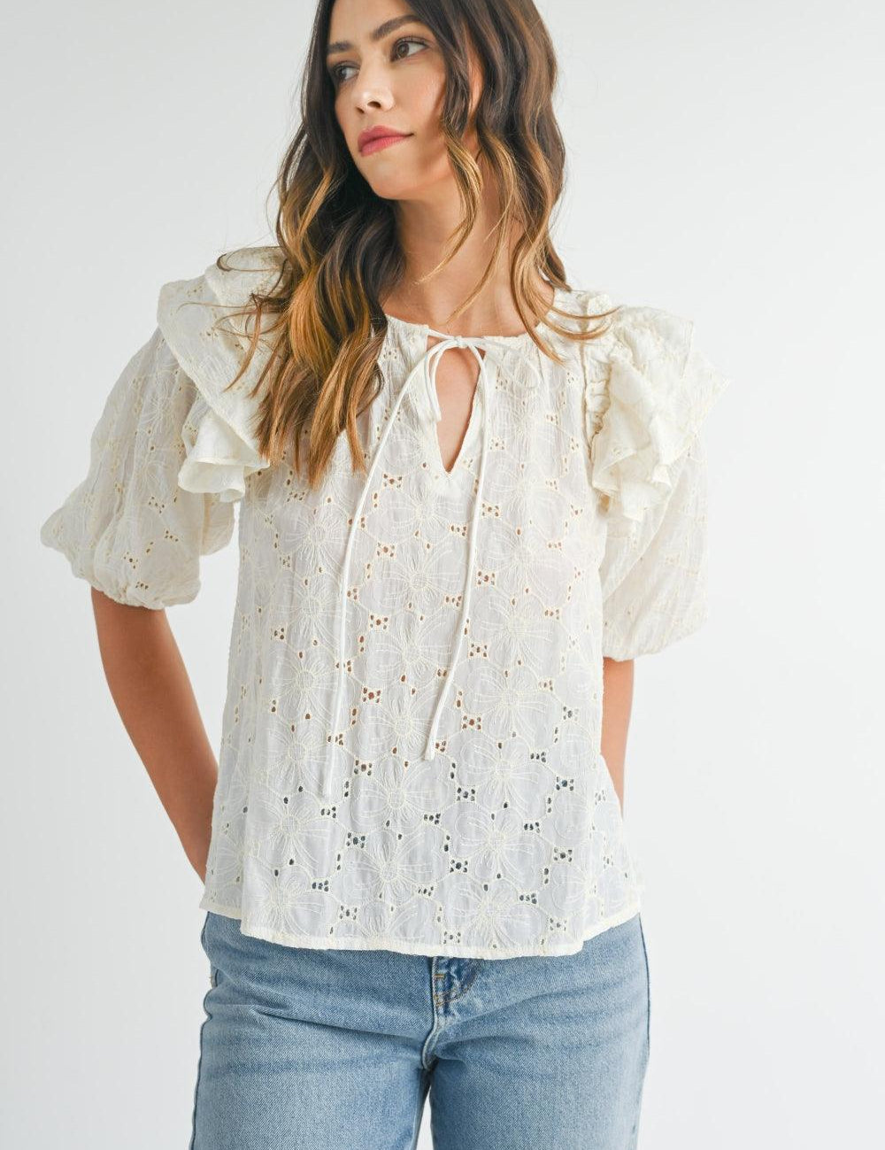 Cream MABLE Eyelet Lace Ruffle Shoulder Puff Sleeve Blouse | Daverri Fashions