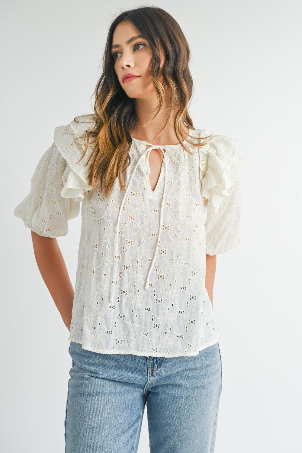 Cream MABLE Eyelet Lace Ruffle Shoulder Puff Sleeve Blouse | Daverri Fashions